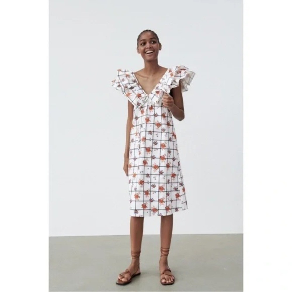 Zara Womens Floral Plaid Ruffle V-Neck Midi Dress White Orange Small 0881/012